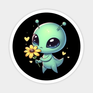 Cute little Alien With Yellow Flower Magnet